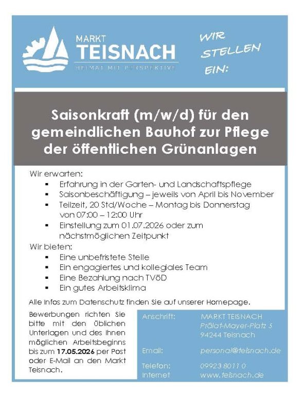 Stellenausschreibung Saisonkraft Grünanlagen Stellenausschreibung Saisonkraft Grünanlagen
