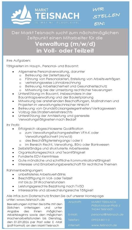 Stellenausschreibung Verwaltung in Voll- oder Teilzeit