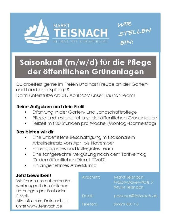 Stellenausschreibung Saisonkraft Oktober 2026 Stellenausschreibung Saisonkraft Oktober 2026